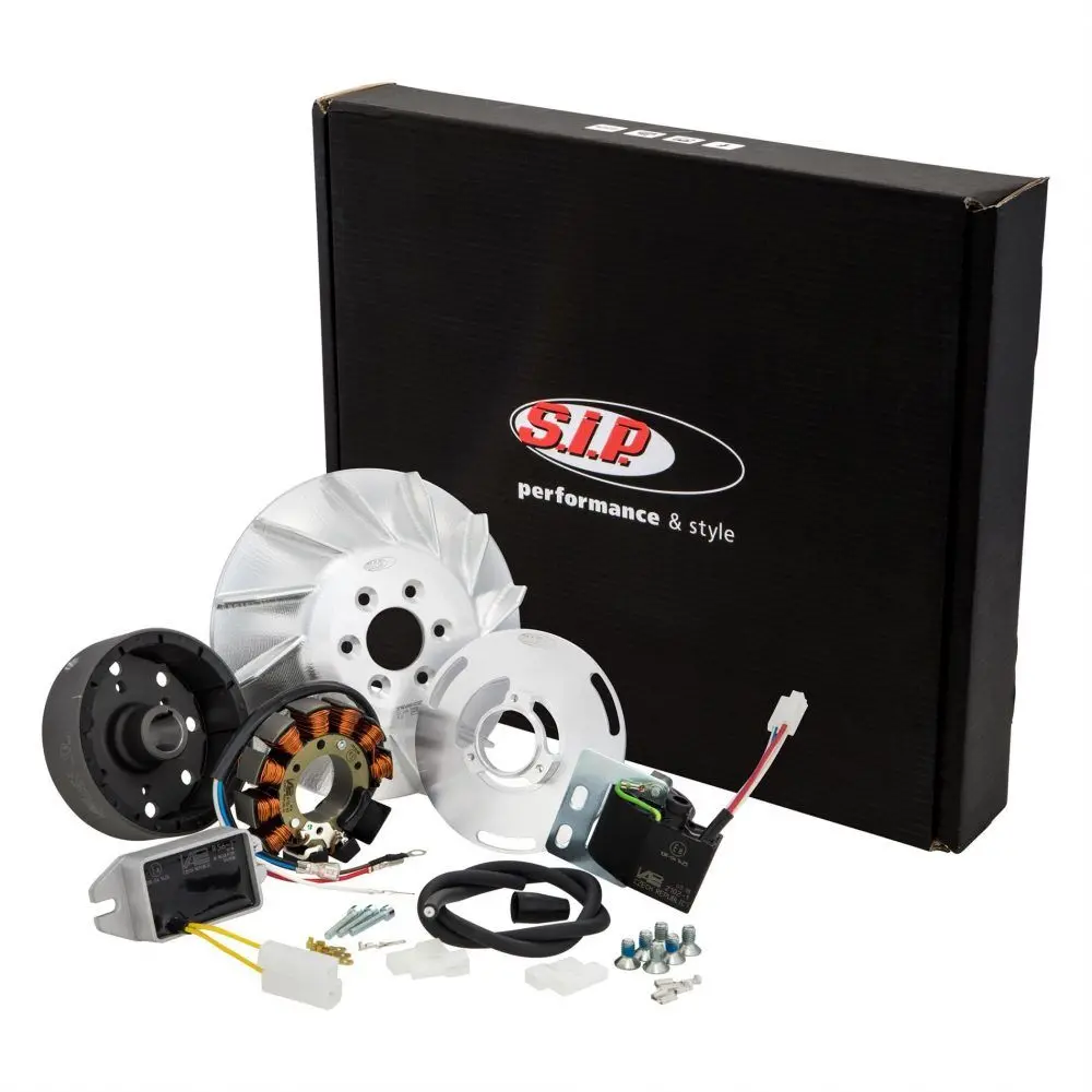 Kärjetön sytytys SIP Performance Sport 12V AC, Sprint, SS, PX, Rally, Cosa <a href="https://italialaiset.fi/wp-content/uploads/2019/03/image-3.png"><img class="alignright size-full wp-image-17588" src="https://italialaiset.fi/wp-content/uploads/2019/03/image-3.png" alt="" width="70" height="23" /></a>SIP Performance kärjetön sytytys,Vespa 125 GTR 2°/TS 2°/150 Sprint V 2° /Super 2°/200 Rally 2°/PX80-200/PE/Lusso/Cosa, <ul> <li>vauhtipyörä CNC-koneistettua alumiinia, paino 1660g</li> <li>9 kelaa, 12 magneettia</li> <li>12V AC, 110W</li> <li>säätyvä sytytyksen ajoitus</li> </ul> Kärjetön sytytys SIP Performance Sport 12V AC, Sprint, SS, PX, Rally, Cosa - Image 9