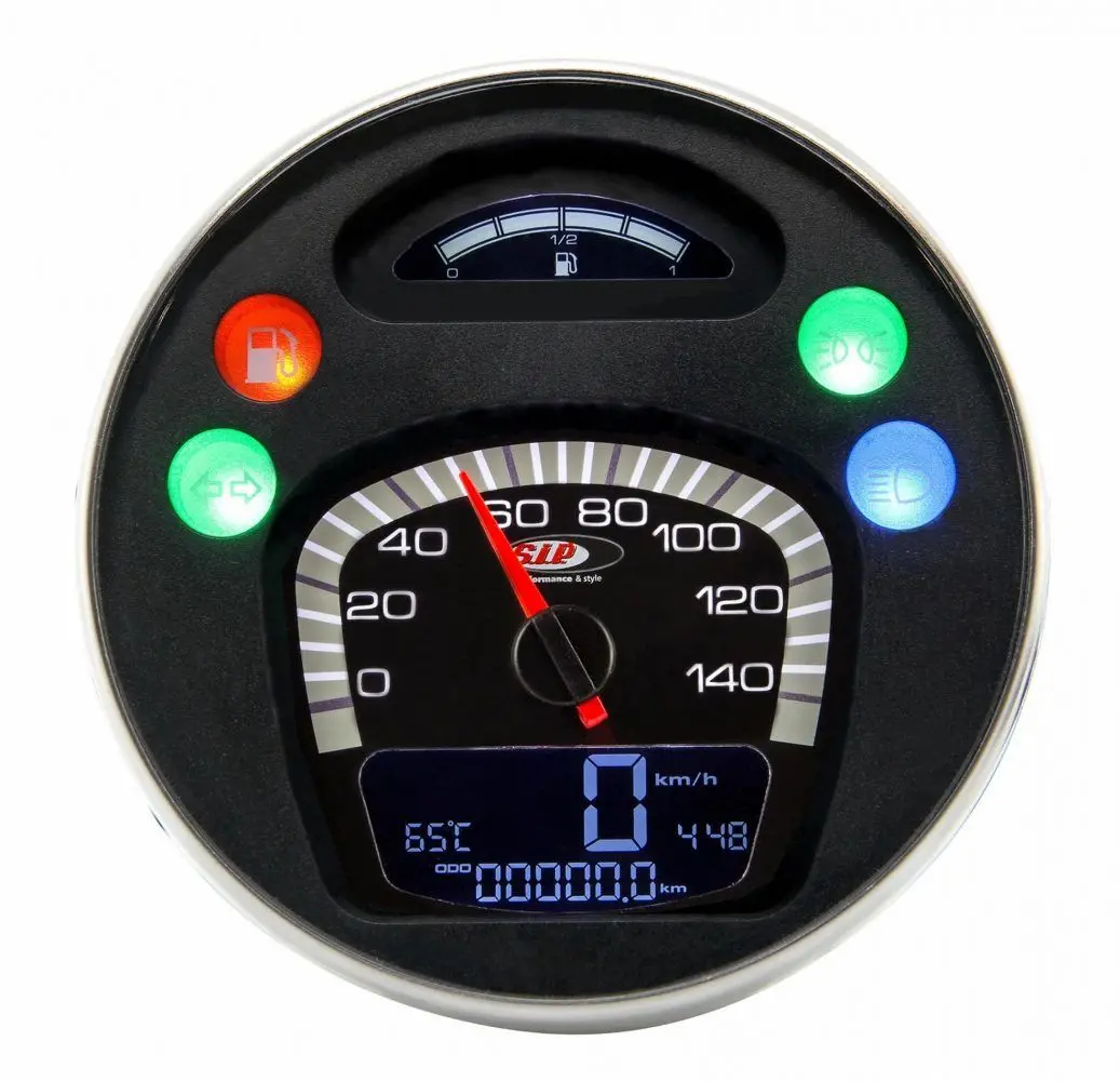 SIP Rev Counter nopeusmittari 2.0 <a href="https://italialaiset.fi/wp-content/uploads/2019/03/image-3.png"><img class="alignright size-full wp-image-17588" src="https://italialaiset.fi/wp-content/uploads/2019/03/image-3.png" alt="" width="70" height="23" /></a>Rev Counter SIP nopeusmittari Vespaan. Versio 2.0. Tumma mittaritaulu, jossa valkoiset numerot. Kehys ruostumatonta terästä. Sekä digitaalinen että analoginen näyttö. Mittarissa 24 eri toimintoa. <ul> <li>Vespa PX80-200 E Lusso</li> <li>`98/MY/`11</li> <li>myös Vespa GTV/GT 60 125-300ccm, - 140 (km/h/mph) / 14.000 (Umin/rpm), vaatii lisäreleen.</li> </ul> SIP Rev Counter nopeusmittari 2.0