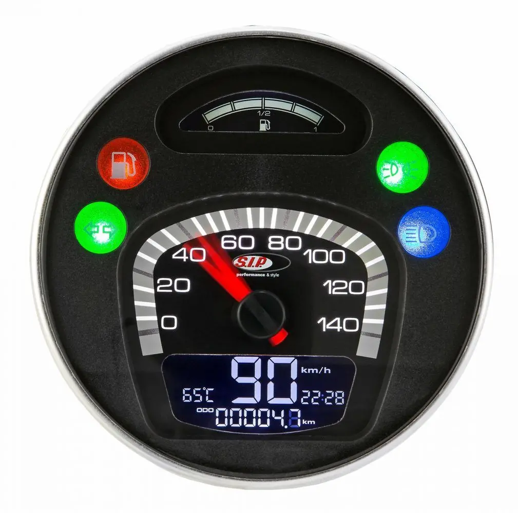 SIP Rev Counter nopeusmittari 2.0 <a href="https://italialaiset.fi/wp-content/uploads/2019/03/image-3.png"><img class="alignright size-full wp-image-17588" src="https://italialaiset.fi/wp-content/uploads/2019/03/image-3.png" alt="" width="70" height="23" /></a>Rev Counter SIP nopeusmittari Vespaan. Versio 2.0. Tumma mittaritaulu, jossa valkoiset numerot. Kehys ruostumatonta terästä. Sekä digitaalinen että analoginen näyttö. Mittarissa 24 eri toimintoa. <ul> <li>Vespa PX80-200 E Lusso</li> <li>`98/MY/`11</li> <li>myös Vespa GTV/GT 60 125-300ccm, - 140 (km/h/mph) / 14.000 (Umin/rpm), vaatii lisäreleen.</li> </ul> SIP Rev Counter nopeusmittari 2.0