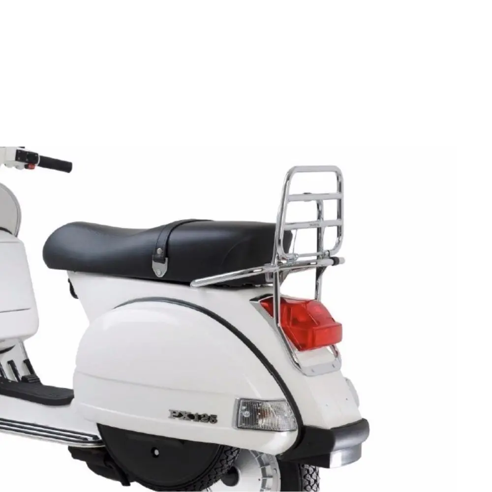 Tavarateline taakse kromattu, Piaggio, Vespa PX80, PX125, PX150 ja PX200 Alkuperäinen Piaggion tavarateline taakse, kromattu. Sopii Vespa PX80, PX125, PX150 ja PX200. Tavarateline taakse kromattu, Piaggio, Vespa PX80, PX125, PX150 ja PX200