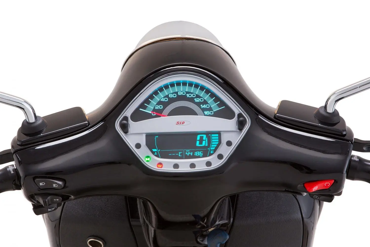 Nopeusmittari Vespa GTS asennettuna edestä, sinertävä näyttö