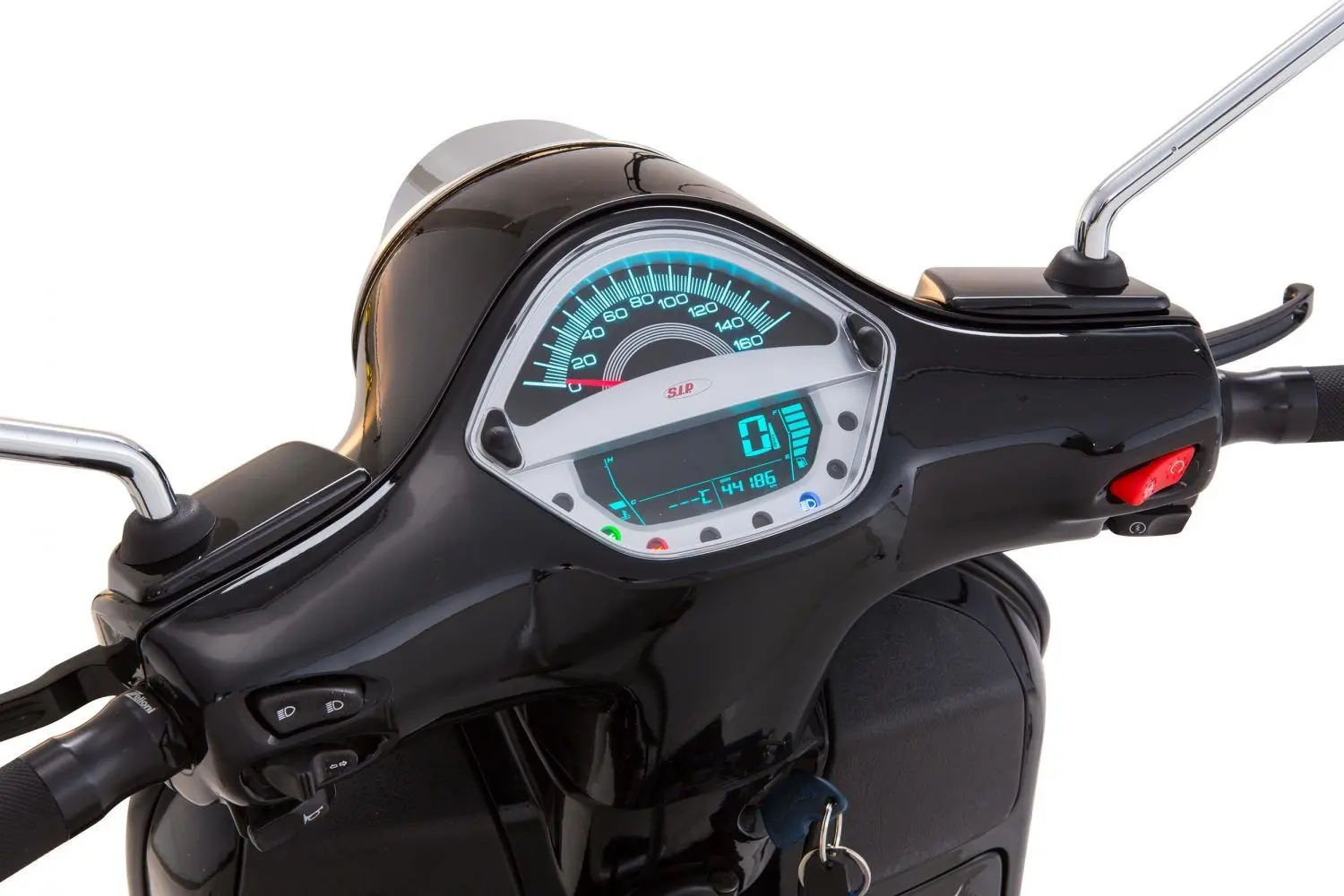Nopeusmittari Vespa GTS asennettuna sivusta, sinertävä taustavalo