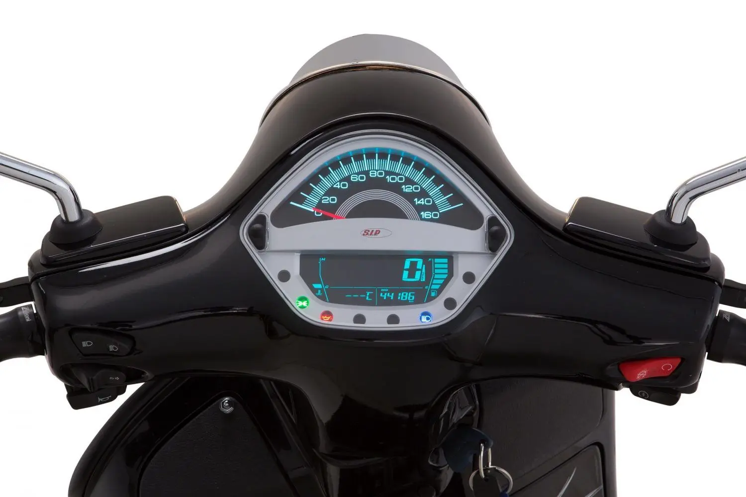 Nopeusmittari Vespa GTS asennettuna edestä, vihreä merkkivalo näkyvissä