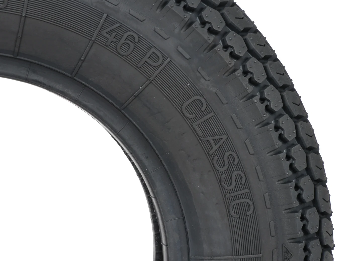 BGM Classic 3.50-8" TT 46P skootterirengas merkinnät lähikuva, renkaan kylkiteksti