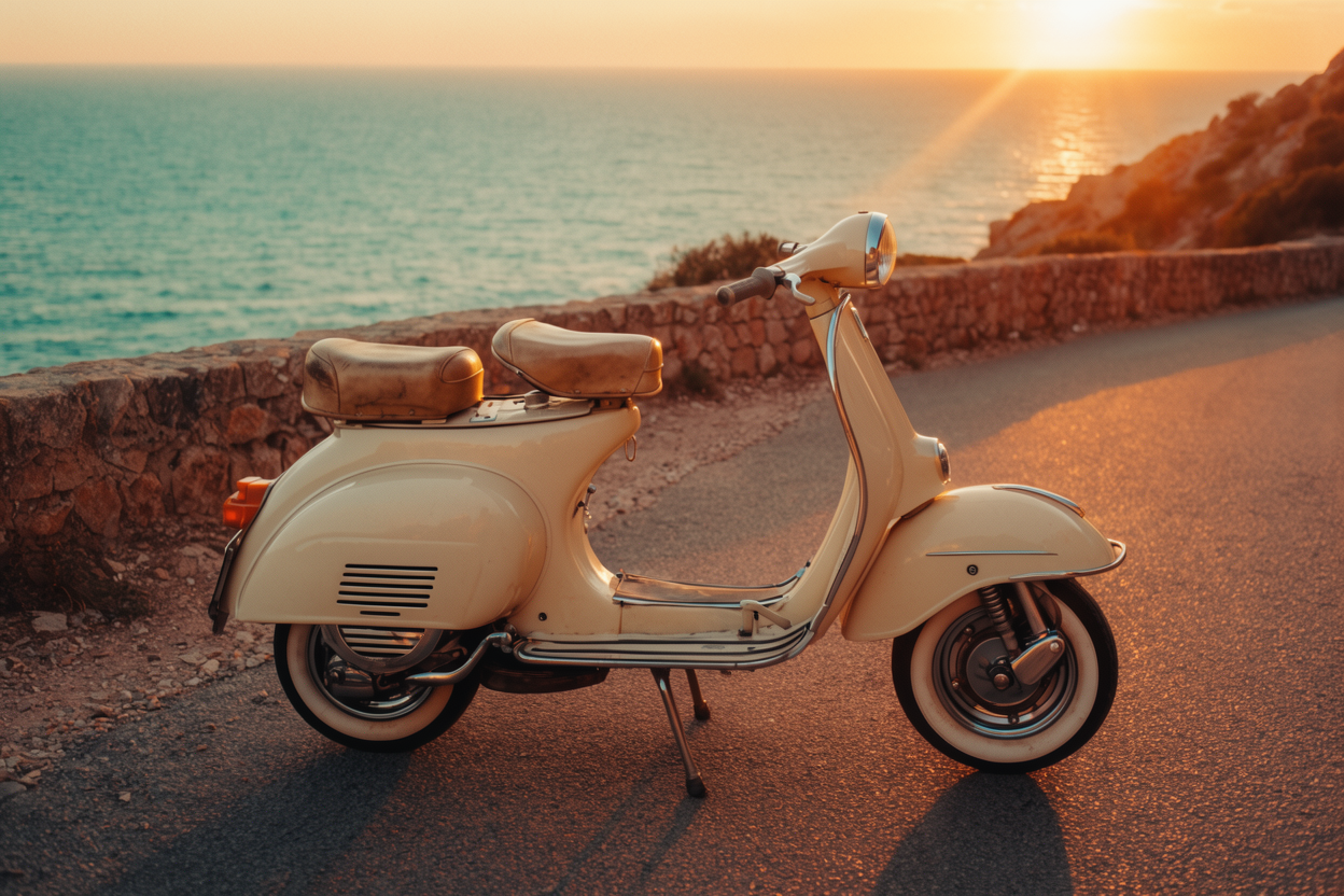Vespa varaosat, mallit ja tarvikkeet Vespa-skootteri meren rannalla