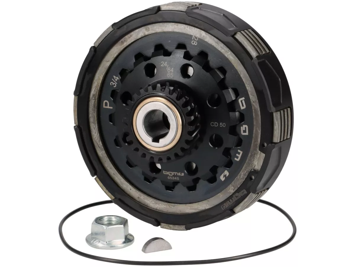 Kytkin BGM PRO Superstrong 2.0 Touring STD 24 hampainen, Vespa PX200 ja Rally 200 <a href="https://italialaiset.fi/wp-content/uploads/2021/01/BGM_PRO_c1.png"><img class="alignright size-full wp-image-30568" src="https://italialaiset.fi/wp-content/uploads/2021/01/BGM_PRO_c1.png" alt="" width="140" height="40" /></a>BGM PRO Superstrong 2.0 Touring STD -kytkin Ultralube-pinnoitteella, 24 hammasta ensiövälityksen 64/65-hampaiselle rattaalle. Sopii Vespa PX200- ja Rally 200 -malleihin. Korvaa aiemman mallin BGM8099D. <ul> <li>Valmistettu Saksassa</li> <li>Cosa2-tyyppiset kitkalevyt (teräs/korkki)</li> <li>Erittäin kestävä ja kevyt käyttää – sopii retkiajoon ja viritettyihin moottoreihin</li> <li>Ultralube-pinnoite vähentää kulumista</li> </ul> Kytkin BGM PRO Superstrong 2.0 Touring STD 24 hampainen, Vespa PX200 ja Rally 200 sarjan osat, kytkin, mutteri, kiila ja O-rengas