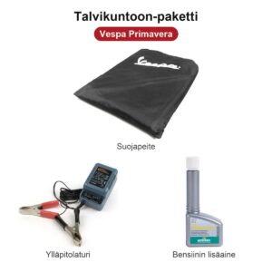 Talvikuntoon-paketti Vespa Primavera: suojapeite, ylläpitolaturi ja Motorex-bensiinin lisäaine