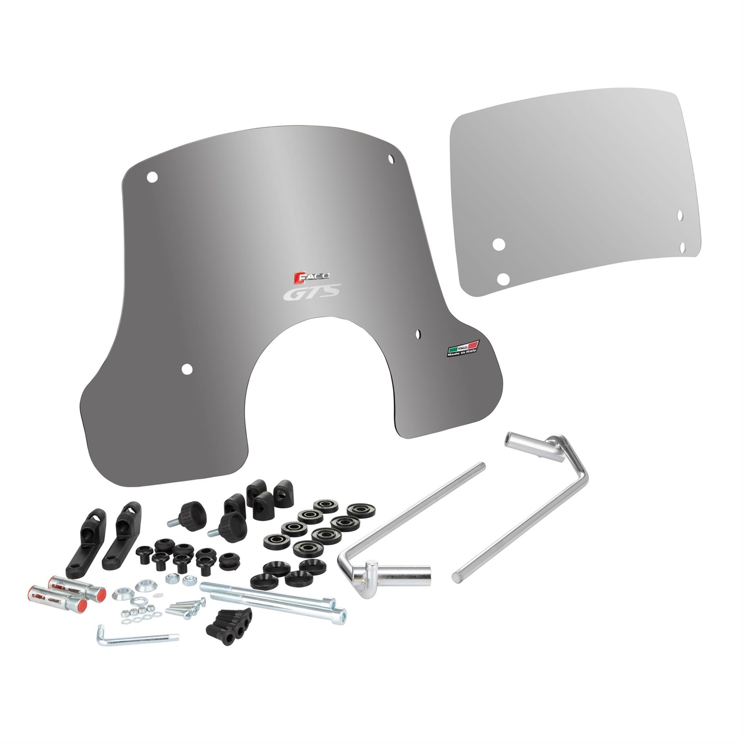 Tuulilasi Faco Twin Screen säädettävä, Vespa GTS 125-310 (2023-) <p>Facon säädettävä Twin Screen -tuulilasi Vespa GTS 125–310 -malleihin (2023-, Keyless). Korkeus 410 mm, leveys 570 mm, sävytetty. Sisältää asennustarvikkeet sekä lisälasin (220 × 365 mm), jonka korkeutta voi säätää. Sopii malleihin: Vespa GTS 125 Basic / Super Tech Keyless IGET ABS (ZAPMD3202, ZAPMD3203) sekä Vespa GTS 300 Super / Super Sport Keyless HPE ABS (ZAPMD3103). <strong>Tarkista aina sopivuus oman skootterisi runkonumeron mukaan</strong> ennen tilaamista. Runkonumero löytyy rekisteriotteesta ja rungosta.</p> Tuulilasi Faco Twin Screen säädettävä, Vespa GTS 125-310 (2023-) asennustarvikkeet ja lisälasi, tuulilasin osat, lisälasi ja asennustarvikkeet