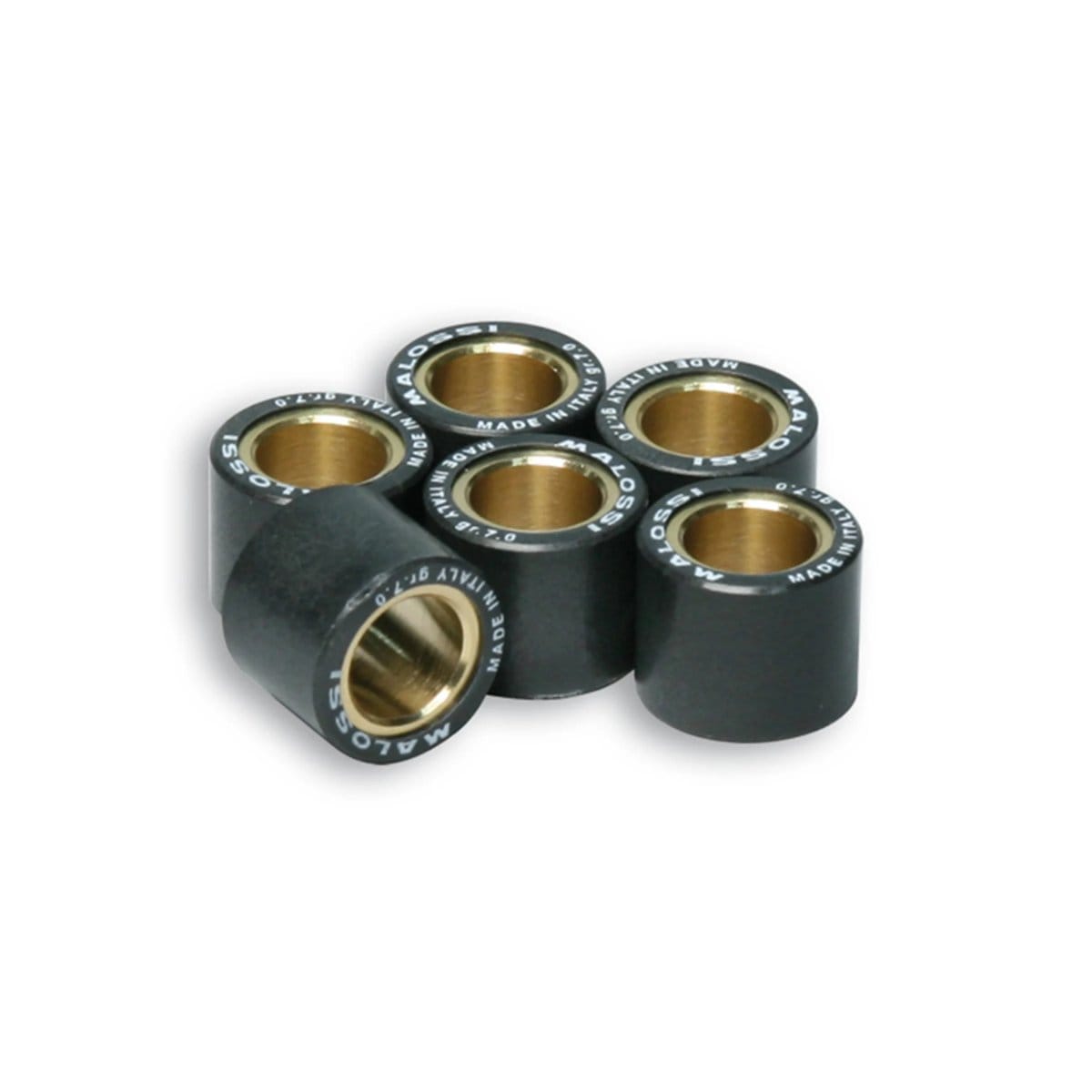 Variaattorin rullat Malossi 16x13 mm - 6,0 g Variaattorin rullat Malossi 16x13 mm - 6,0 g kuusi rullaa, mustat rullat ja messinginväriset holkit