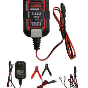 Ylläpitolaturi Lampa Amperomatic Bike 1 A, 6 V ja 12 V akuille laturi ja johdot, laturi, verkkolaite, hauenleuat ja rengasliittimet